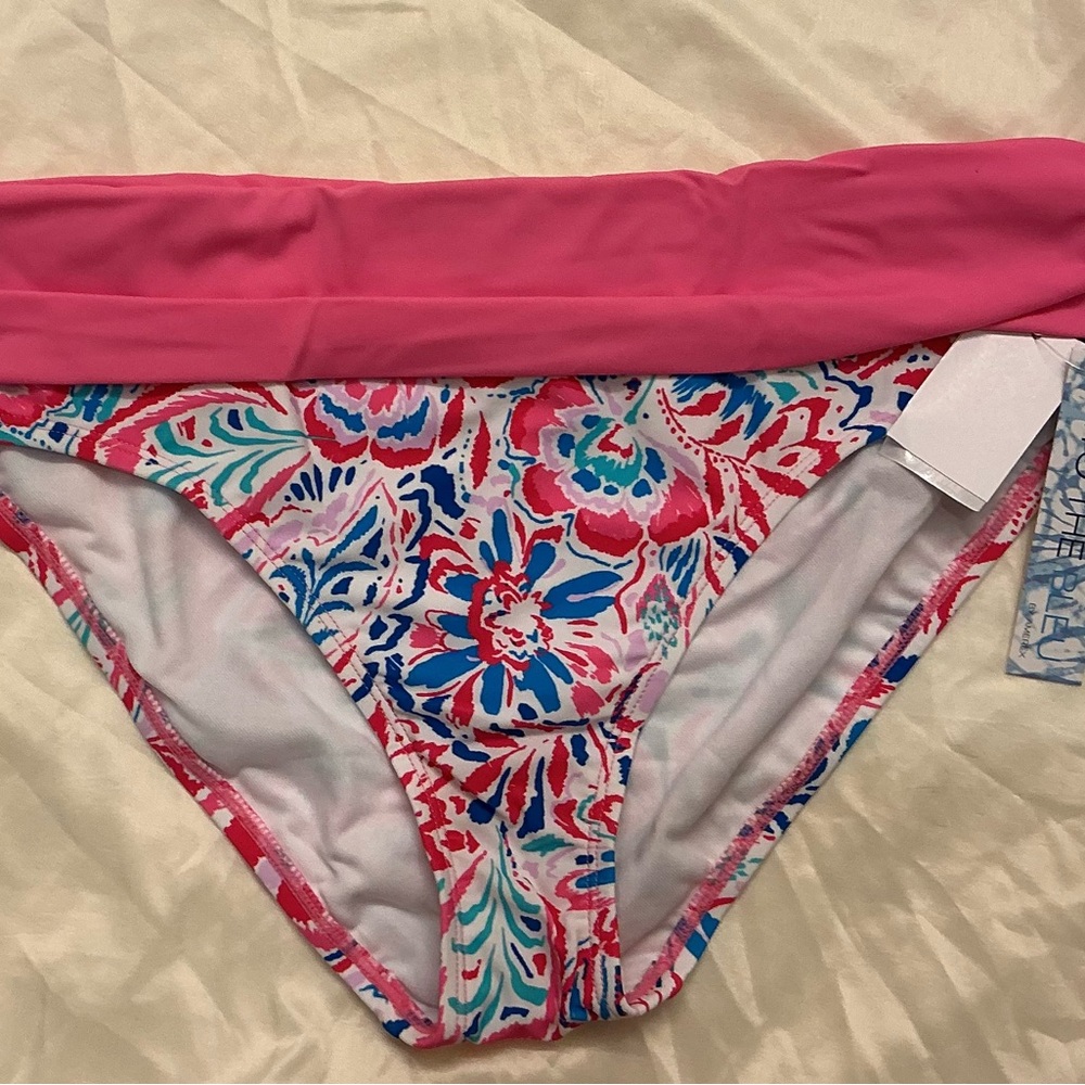 Into The Bleu Floral Multicolor Bikini Bottom with Pink Waistband